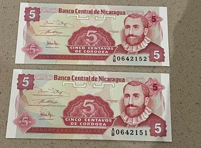 Nicaragua 1991 Uncirculated Centavos Banknotes Consecutive Numbers