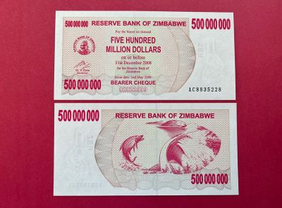 Zimbabwe  500 Million Dollars  2008   VERIFIED UNDER UV LIGHT  ( Uncirculated )pick  60a .