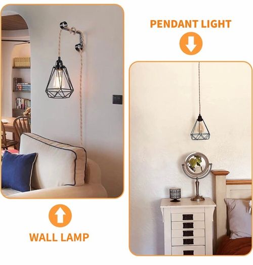 Plug in Pendant Light - Industrial Black 4.5m(15ft) Pendant Light Fitting, Hemp Rope Light Cord Metal Lampshade (MULTIPLE COLOURS AVAILABLE)