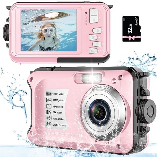 YISENCE YS812 Underwater Camera, Waterproof, 10FT, 1080P Full HD, 30MP, 16X Digital Zoom, 32GB Memory Card, Anti-Shake, Pink
