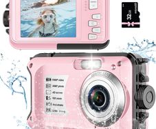 YISENCE YS812 Underwater Camera, Waterproof, 10FT, 1080P Full HD, 30MP, 16X Digital Zoom, 32GB Memory Card, Anti-Shake, Pink