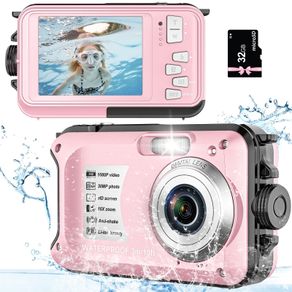 YISENCE YS812 Underwater Camera, Waterproof, 10FT, 1080P Full HD, 30MP, 16X Digital Zoom, 32GB Memory Card, Anti-Shake, Pink