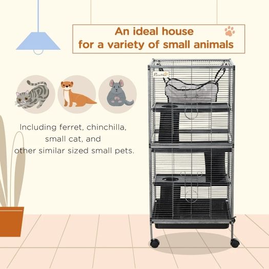 Small Animal Cage with Wheels Pet Home for Chinchillas Ferrets Kittens, with Hammock, 4 Platforms, Removable Tray, Silver
