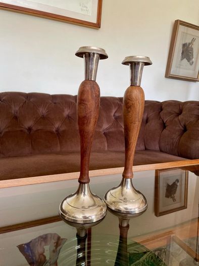 Vintage Tall Pair of Silver Metal and Wooden Candlestick Holders