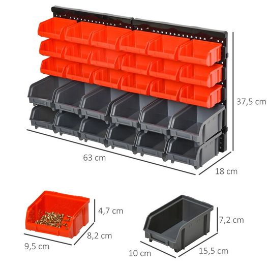 Wall Mounted Storage Bin Rack Tool Organizer with 30 Bins, Pegboard for Garage Workshops Red