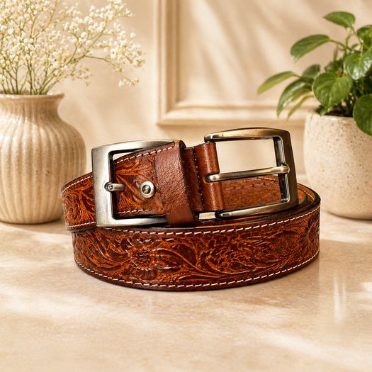 Unisex Genuine Leather Belt Vintage Embossed Design with Antique Buckle Casual & Formal Waist Belt
