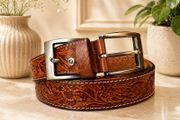 Unisex Genuine Leather Belt Vintage Embossed Design with Antique Buckle Casual &amp; Formal Waist Belt