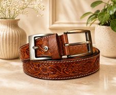 Unisex Genuine Leather Belt Vintage Embossed Design with Antique Buckle Casual & Formal Waist Belt