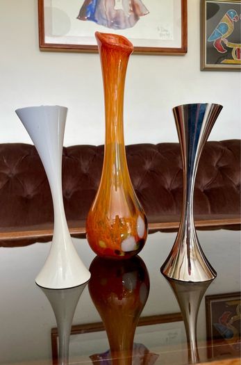Vintage 20th Century Heavy Asymmetrical Stainless Steel and White Enamel Pair Of Candle Holders