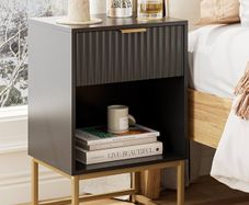 Bedside Table with Drawer, 15.7 Wide Side Table and Large Shelf, Modern Bedside Cabinet for Bedroom, Living Room, Office  Balck Fluted Finish