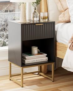 Bedside Table with Drawer, 15.7 Wide Side Table and Large Shelf, Modern Bedside Cabinet for Bedroom, Living Room, Office  Balck Fluted Finish