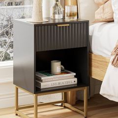 Bedside Table with Drawer, 15.7 Wide Side Table and Large Shelf, Modern Bedside Cabinet for Bedroom, Living Room, Office  Balck Fluted Finish