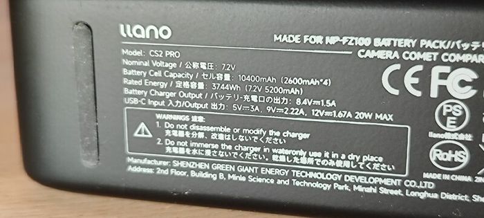 LLANO CS2 Pro VoltCase 4-in-1 Fast Camera Battery Charger  PD 20W Sony NP-FZ100 10400mAh Power Bank SD card reader