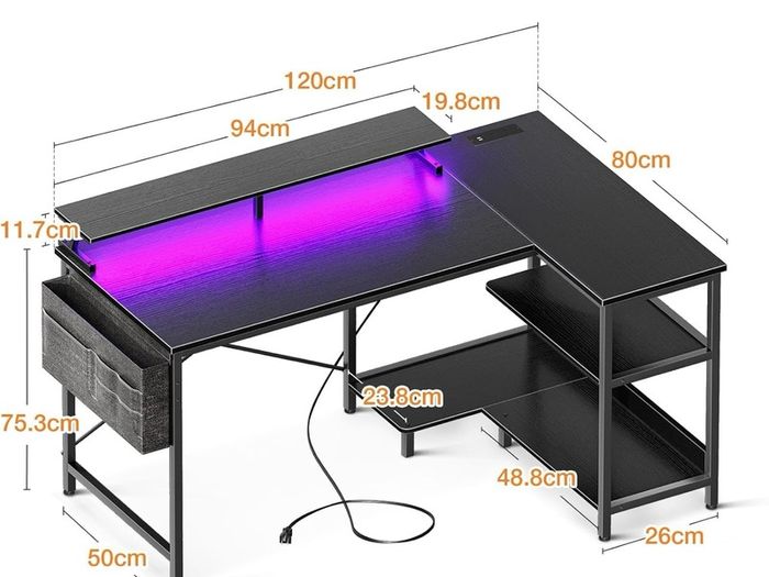 L Shaped Gaming Desk with LED Lights, 120 x 80 cm Computer Desk with Power Outlet
