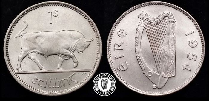 [#2377] - Ireland 1954 | Irish 1s | One Shilling | Bull | KM.14a | Mint State | MS