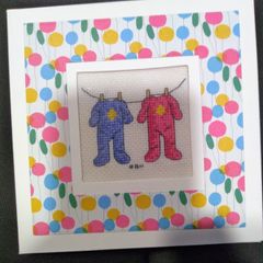 Handmade Cross Stitch Twins Greeting Card