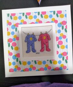 Handmade Cross Stitch Twins Greeting Card