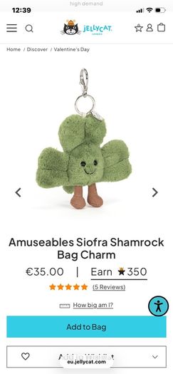 New JELLYCAT Limited Edition Amuseable Siofra Shamrock BAG CHARM