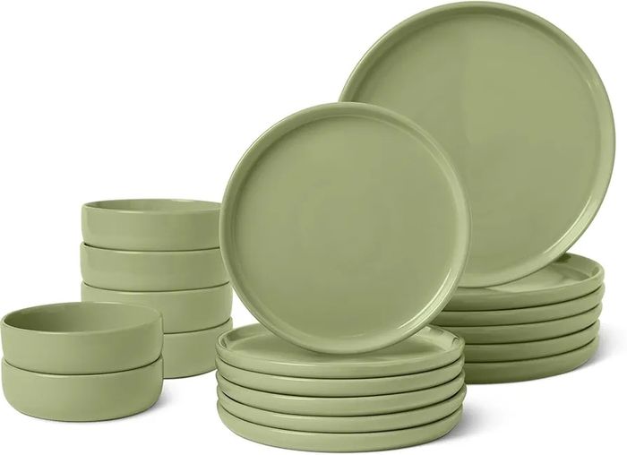Basics Glazed Stoneware Dinnerware Set, 18-Piece, Service for 6, Dinner and Salad Plates, Microwave and Dishwasher-Safe, Olive