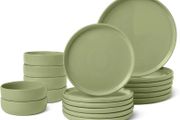 Basics Glazed Stoneware Dinnerware Set, 18-Piece, Service for 6, Dinner and Salad Plates, Microwave and Dishwasher-Safe, Olive