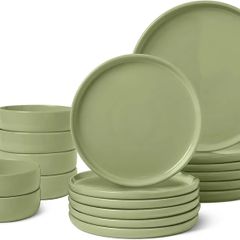 Basics Glazed Stoneware Dinnerware Set, 18-Piece, Service for 6, Dinner and Salad Plates, Microwave and Dishwasher-Safe, Olive