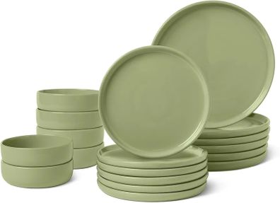 Basics Glazed Stoneware Dinnerware Set, 18-Piece, Service for 6, Dinner and Salad Plates, Microwave and Dishwasher-Safe, Olive