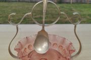 Vintage pink glass jam bowl with silver-plated stand and spoon.