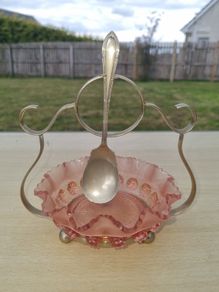 Vintage pink glass jam bowl with silver-plated stand and spoon.