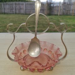 Vintage pink glass jam bowl with silver-plated stand and spoon.