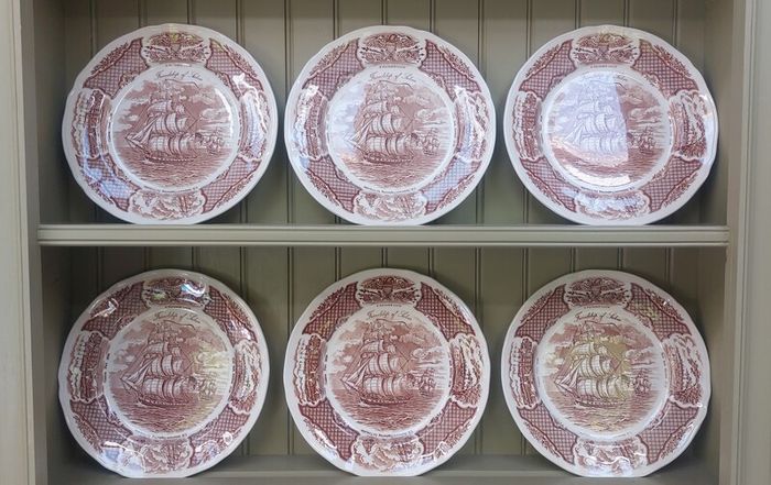 Vintage Set of Six Brown and White Fair Winds, Historical Scenes of Chinese Export to America - "The Friendship of Salem" Large Dinner Plates by Alfred Meakin
