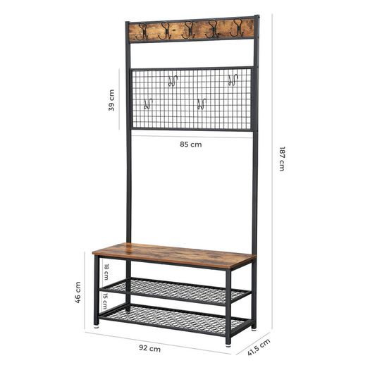 New Metal Coat Rack Hall Tree Stand Shoe and Bench Shelves 187 cm- FREE P&P