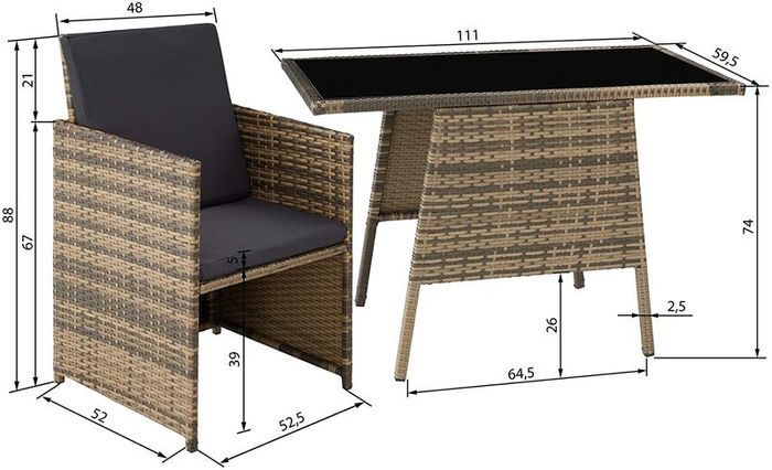 _Folding Polyrattan Set for 2 People 2 Chairs and 1 Table with Glass Top