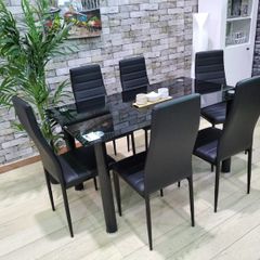 Black Modern Glass Dining Table Set Seats 6