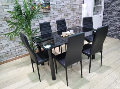 Black Modern Glass Dining Table Set Seats 6