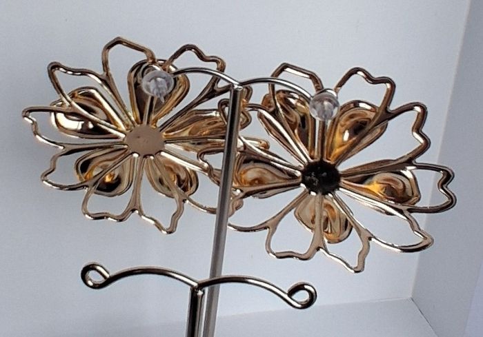 Gold & Teal Sakura Blossom Floral Statement Earrings