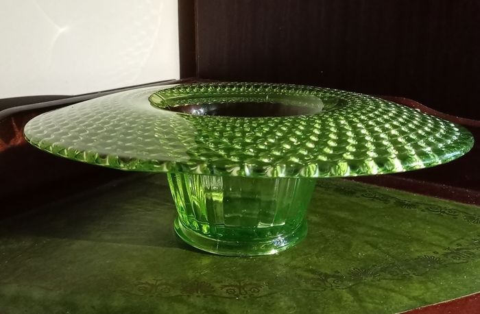 Uranium Glass Green Depression Footed Bowl