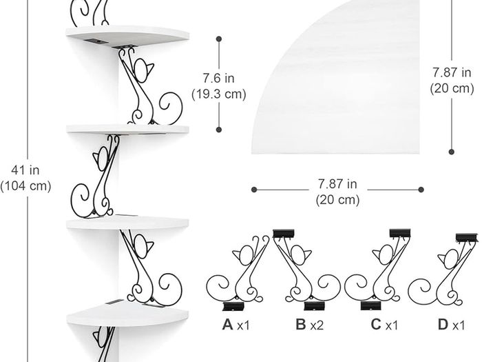Corner Shelf Wall Mounted, 4 Tier Cat-shaped Corner Shelves Rustic Wood Floating Shelf Metal Corner Stand for Living Room Bedroom Kitchen Office and More White