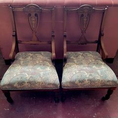 Victorian pair of upholstered mahogany marquetry chairs