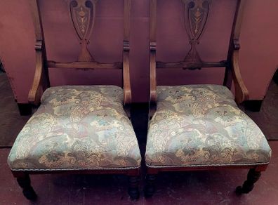 Victorian pair of upholstered mahogany marquetry chairs