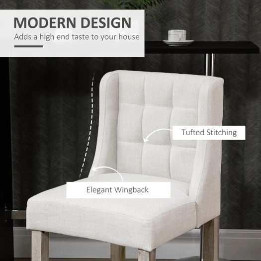 Set of 2 Bar Stools with Button Tufting, Solid Wood, incl. Footrest, 47 cm x 50 cm x 101 cm, Gray + Natural