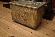 Vintage Embossed Brass Coal, Turf, Wood Storage Chest, Tavern Scene