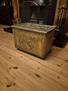 Vintage Embossed Brass Coal, Turf, Wood Storage Chest, Tavern Scene