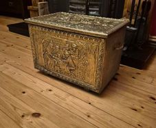 Vintage Embossed Brass Coal, Turf, Wood Storage Chest, Tavern Scene