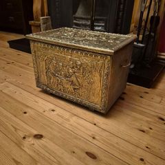 Vintage Embossed Brass Coal, Turf, Wood Storage Chest, Tavern Scene