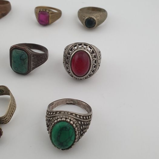Antique Ring Lot 15 Mixed Brass, Stone & Glass Rings