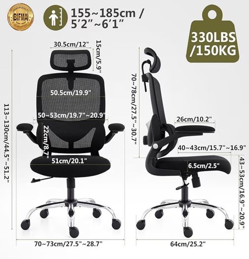 High Back Mesh Design with Adjustable Lumbar Support, Flip-Up Armrests, Removable Headrest & 360 Swivel - Space-Saving for Home, Work, or Gaming - Black