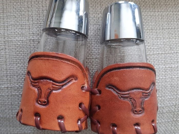 Vintage Salt and Pepper Bamco Longhorn Design Leather covered circa 1980 made in Mexico FREE STANDARD POSTAGE INCLUDED