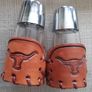 Vintage Salt and Pepper Bamco Longhorn Design Leather covered circa 1980 made in Mexico FREE STANDARD POSTAGE INCLUDED Image 4