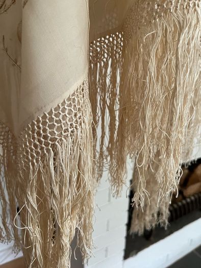 Antique Silk twill cream shawl embroidered deep fringe