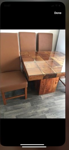 Dining tables with 4 chairs. Glass panel for top table